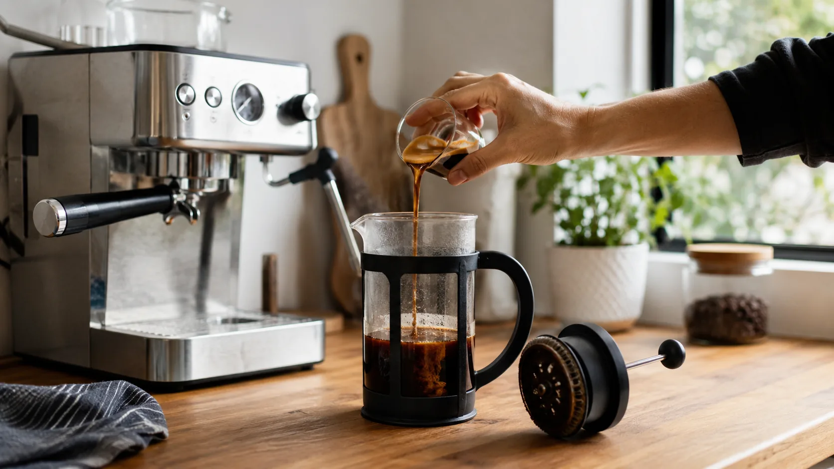 Espresso being poured into brewed coffee in a French press setup for Shot in the Dark