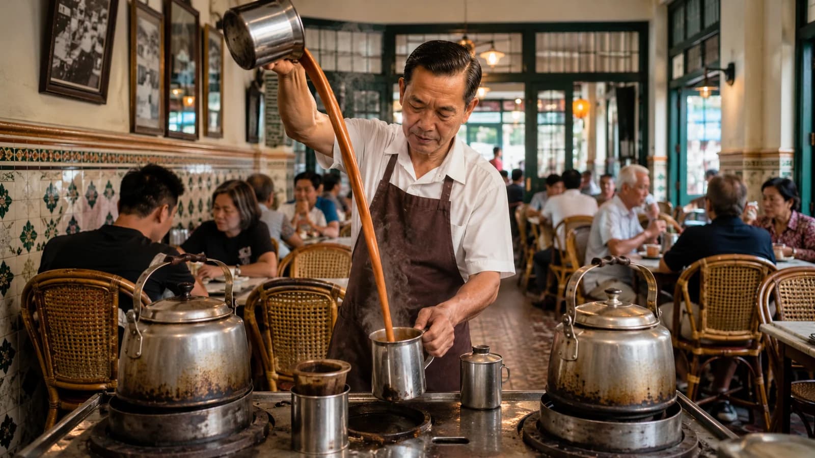 Kopitiam barista pulling Singapore kopi between metal kettles in a traditional coffee shop