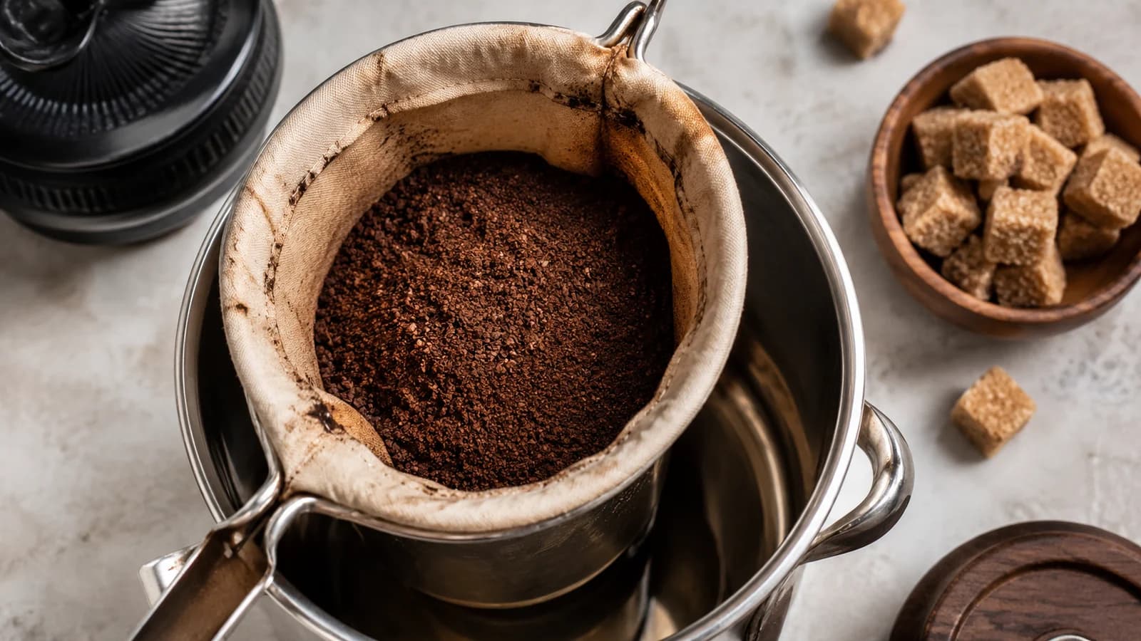 Ground Singapore kopi in a stained muslin sock filter above a metal coffee pot with sugar cubes nearby