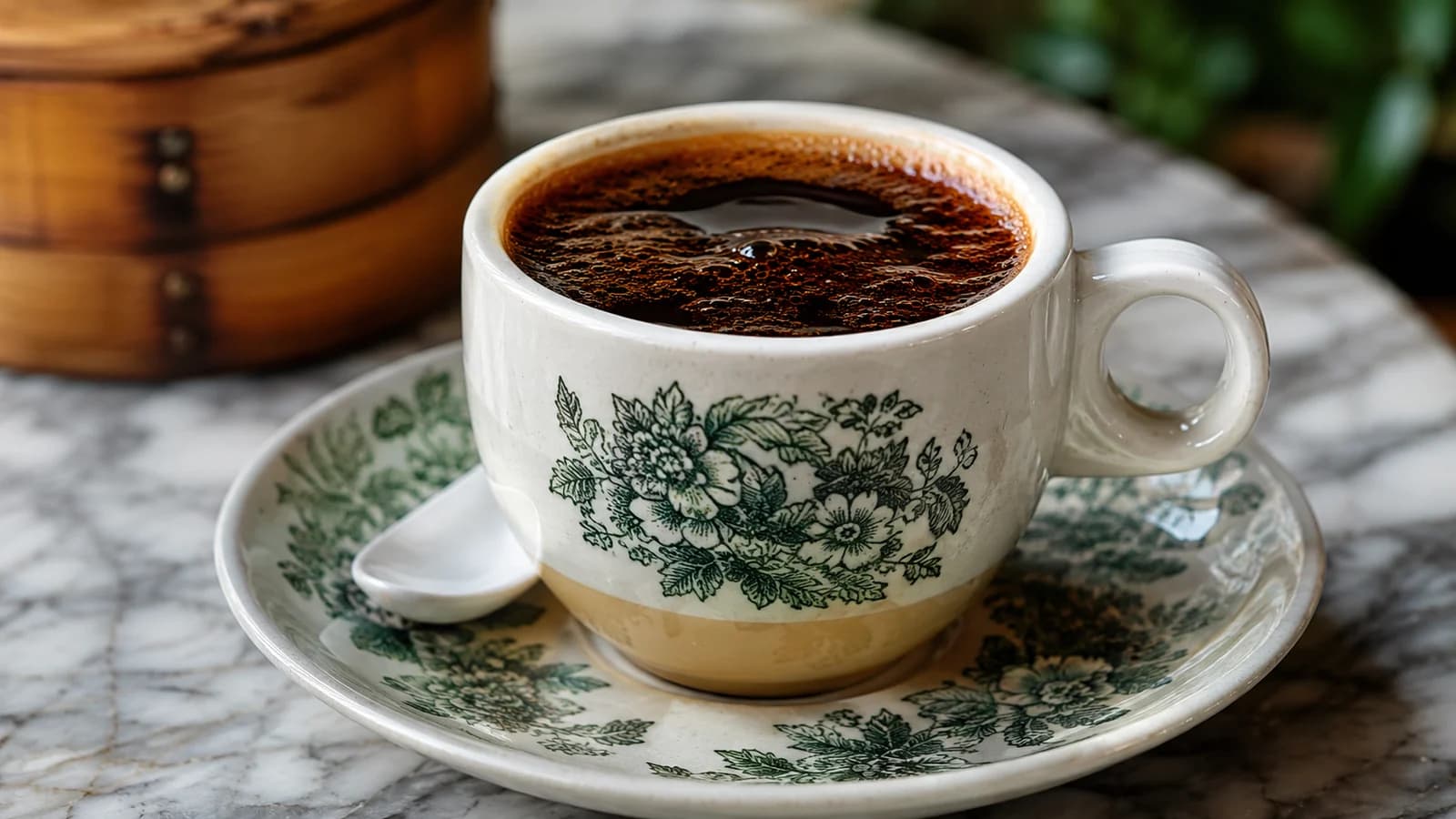 Singapore kopi in a porcelain cup with a condensed milk layer beneath dark coffee
