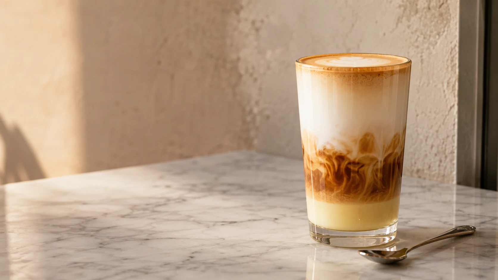 Spanish latte with visible condensed milk, espresso and milk layers in a clear glass