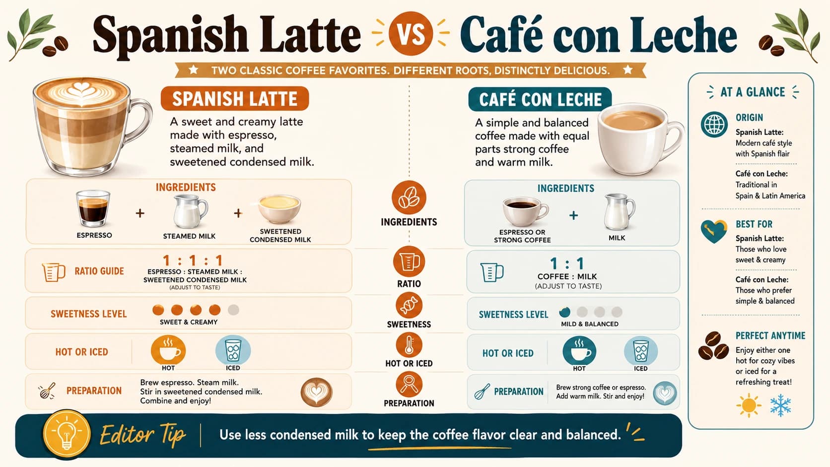 Spanish latte and cafe con leche comparison showing condensed milk, sweetness and serving differences