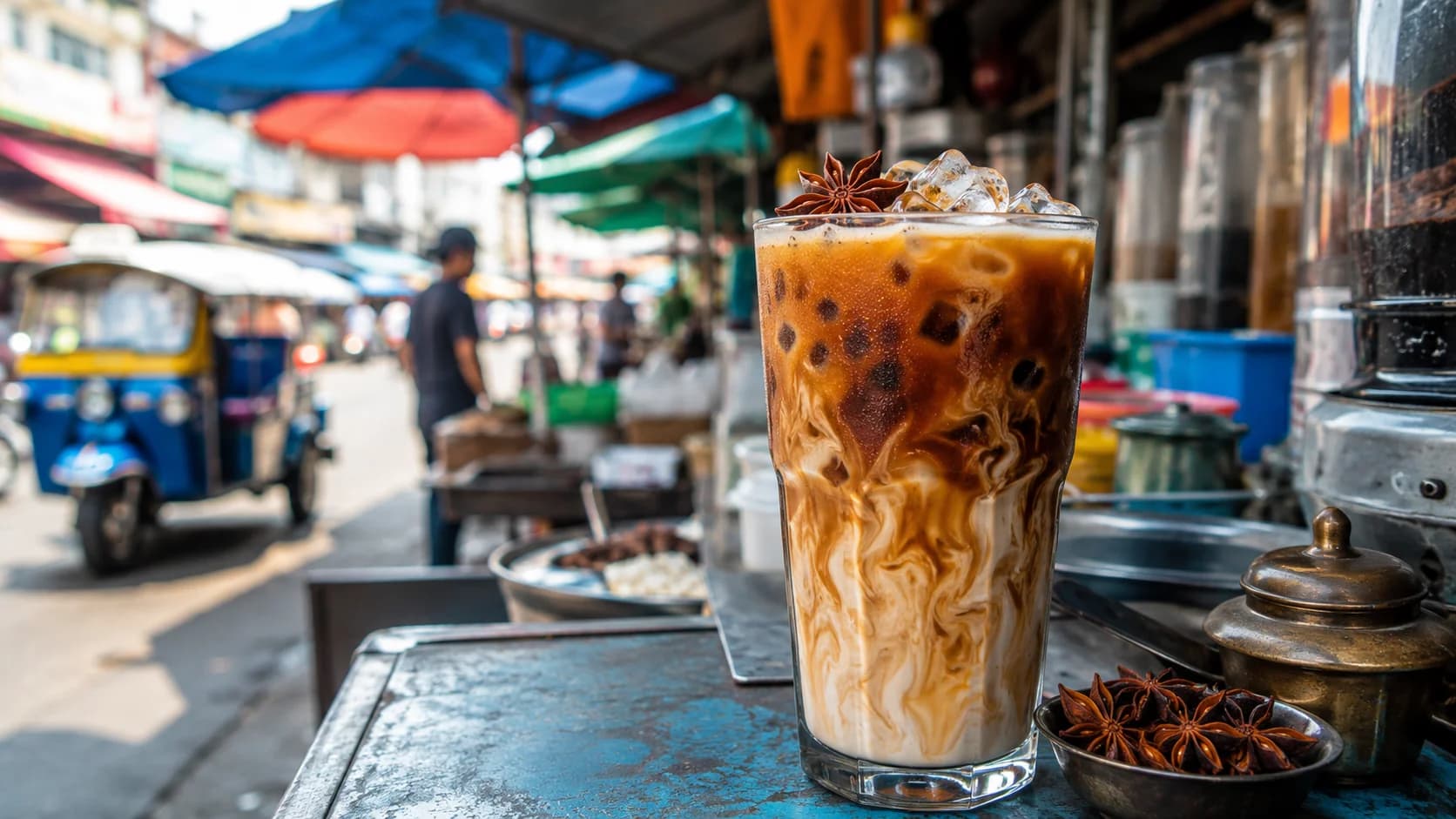 Thai iced coffee with condensed milk and ice in a tall glass