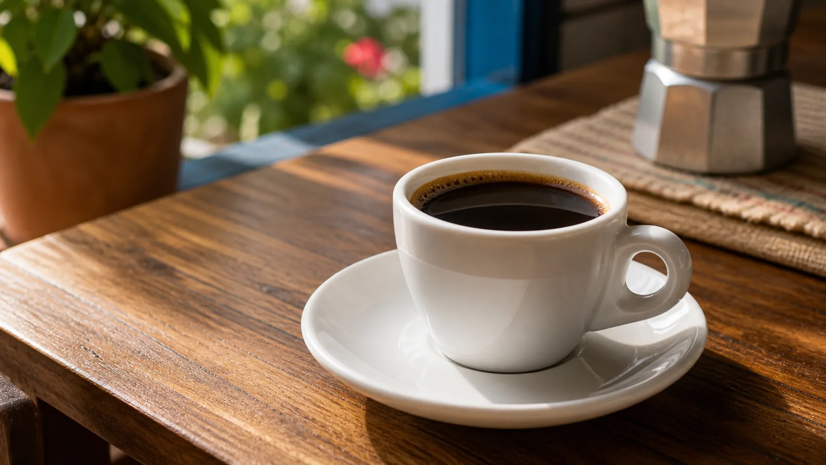 Colombian tinto coffee in a small white cup on a warm wooden table