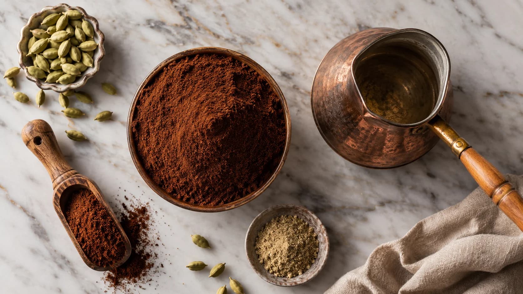 Turkish coffee ingredients with very fine coffee grounds, copper cezve, cardamom, and spice