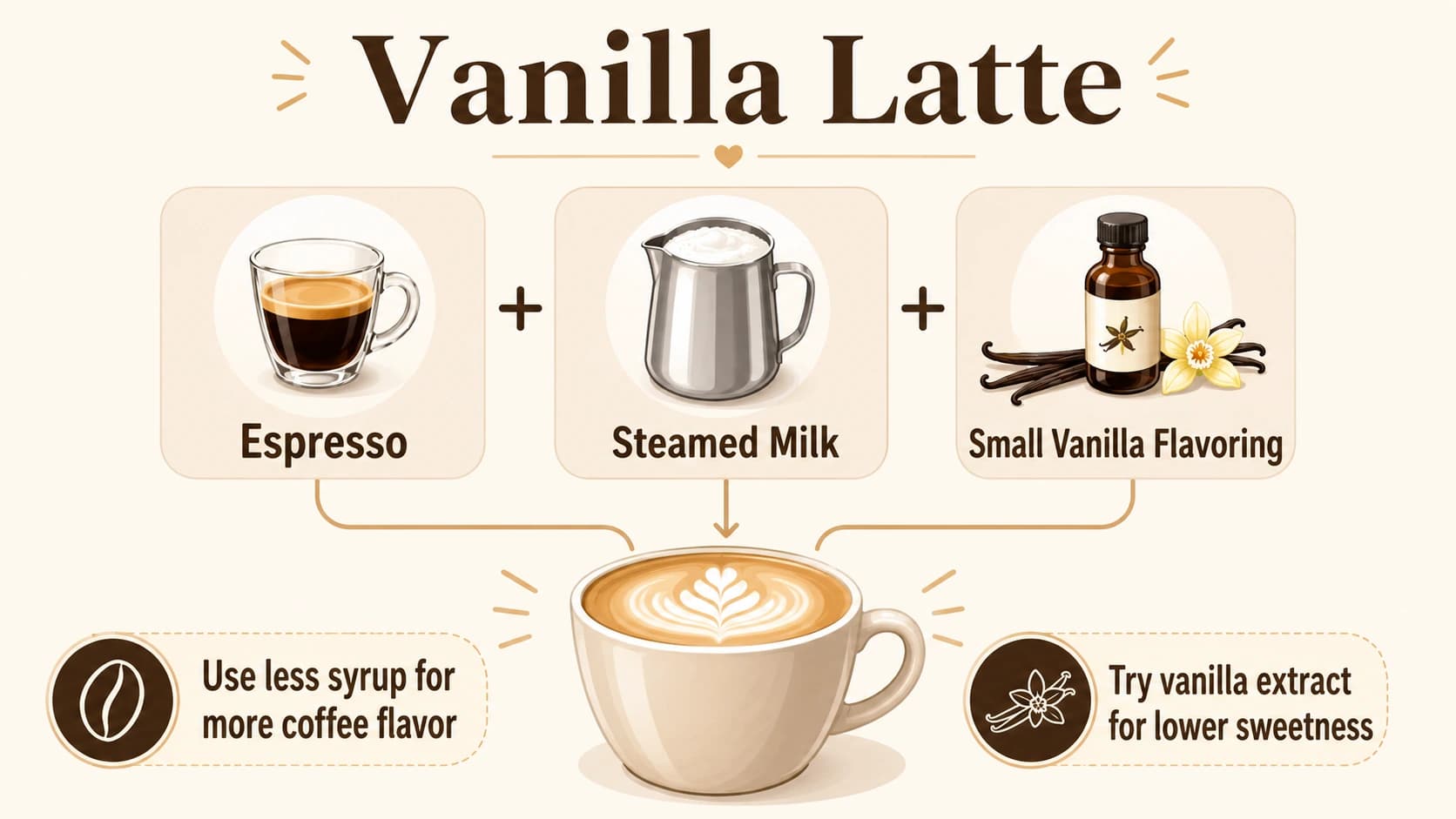 Vanilla latte ingredient guide showing espresso, steamed milk, and a small amount of vanilla flavoring