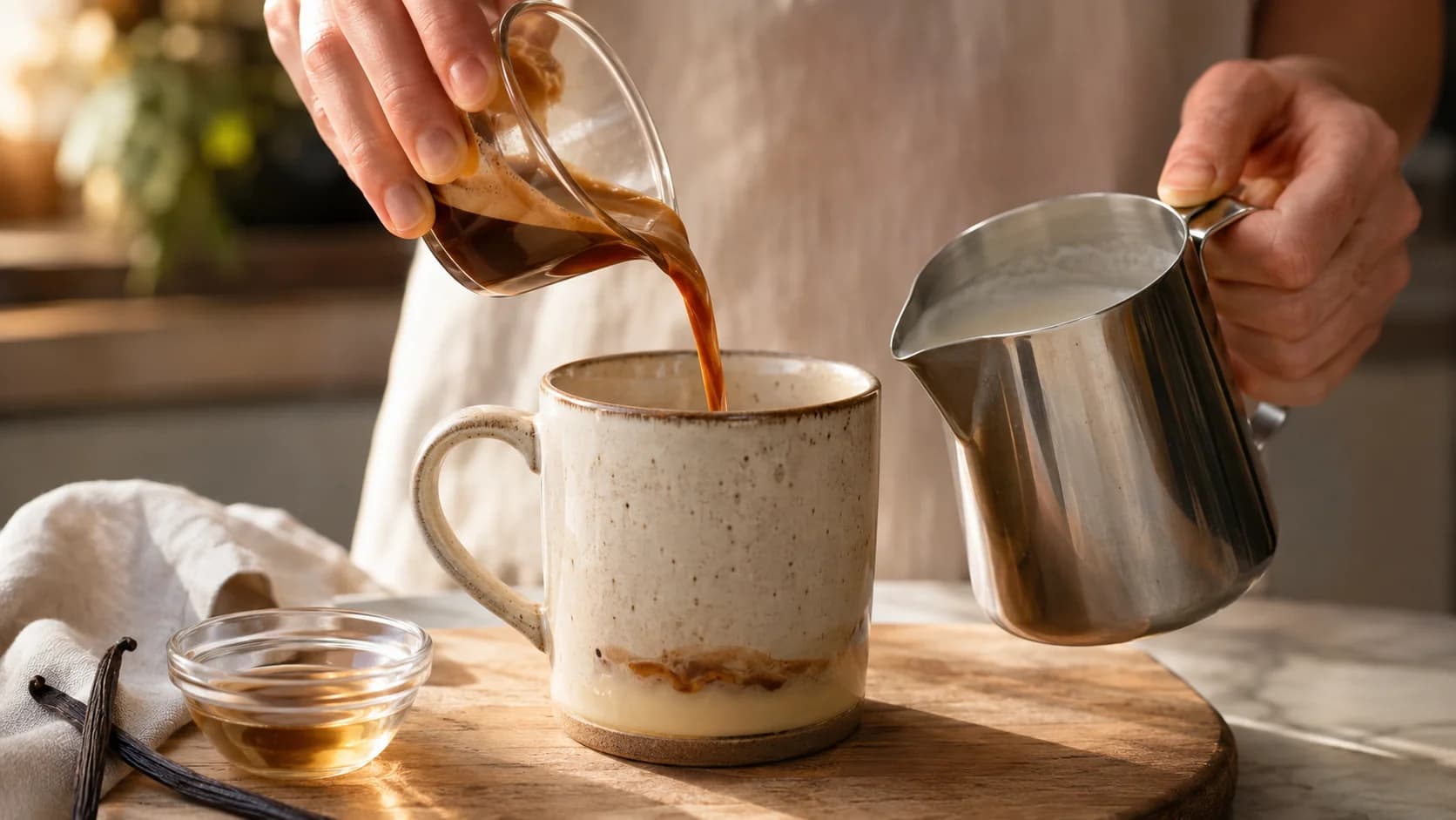 Espresso being combined with vanilla before steamed milk is added to a latte cup