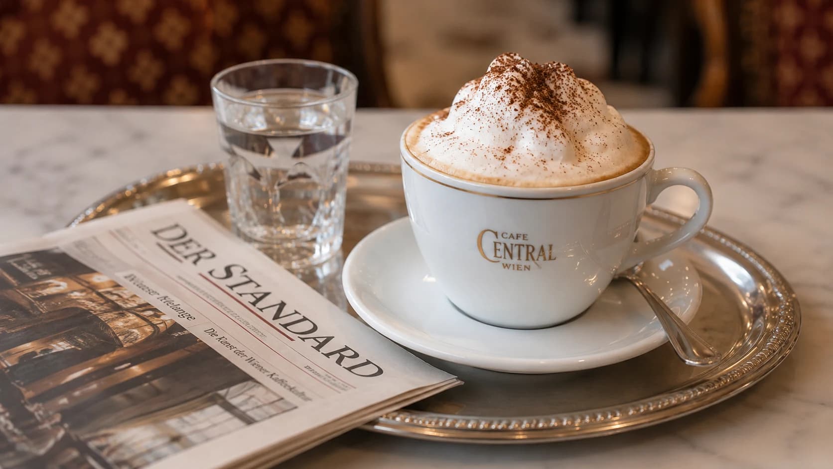 Cream-topped Viennese coffee served on a cafe tray with a glass of water and newspaper