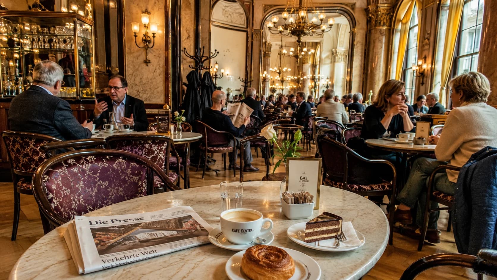 Viennese coffee and cake served with a newspaper inside a traditional Vienna cafe
