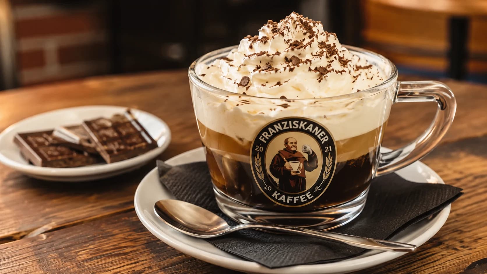 Viennese coffee in a glass topped with whipped cream on a cafe table