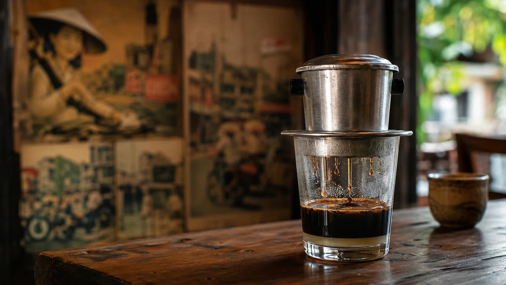 Vietnamese black coffee brewed with a phin filter in a glass