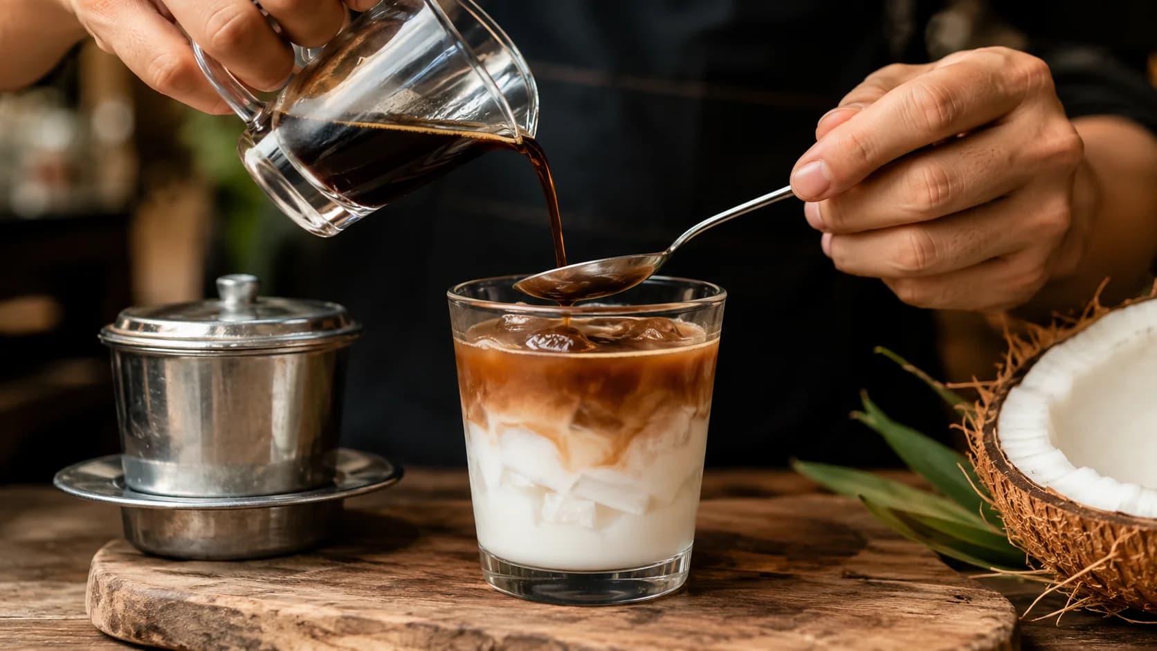 Vietnamese egg coffee served on a Hanoi cafe tray with small cups