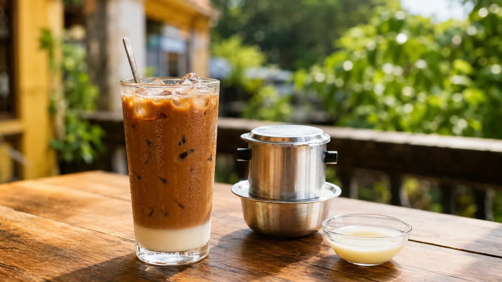 Vietnamese iced coffee on a terrace with ice and condensed milk layers