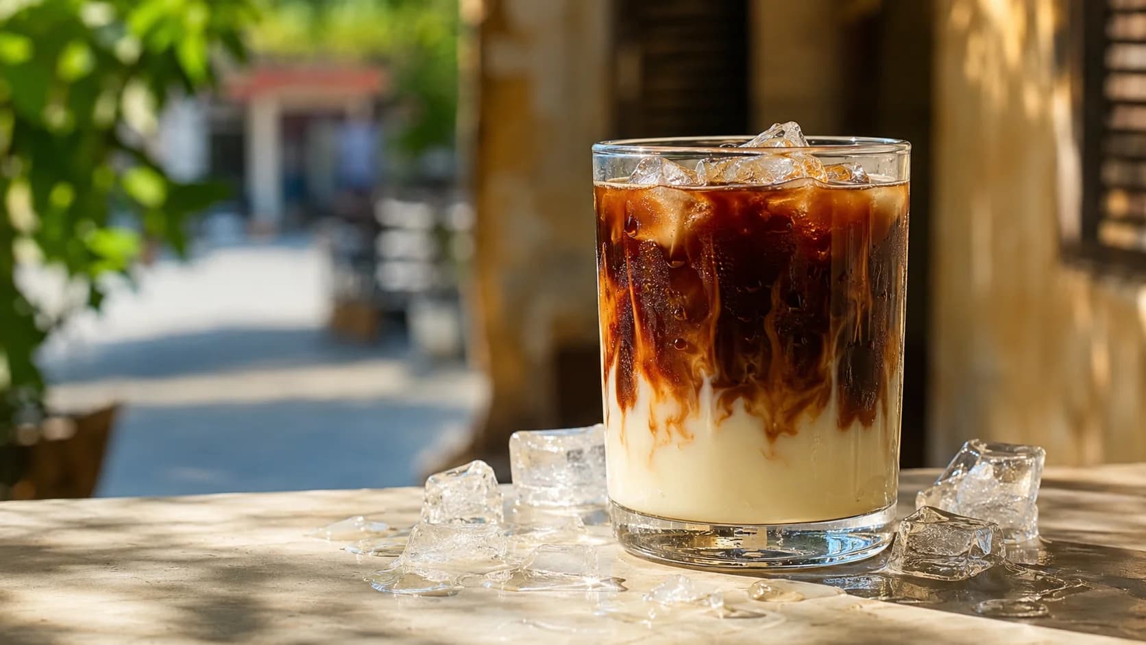 Vietnamese iced coffee with condensed milk and ice in a tall glass