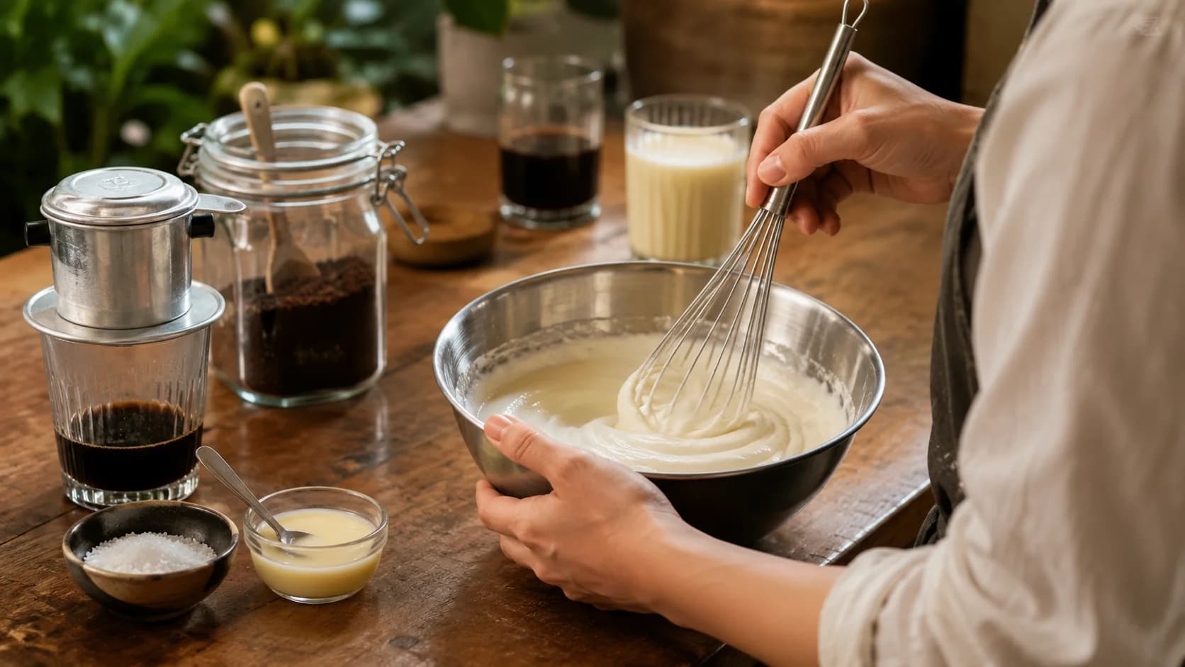 Vietnamese salt coffee preparation with salted cream added over strong coffee