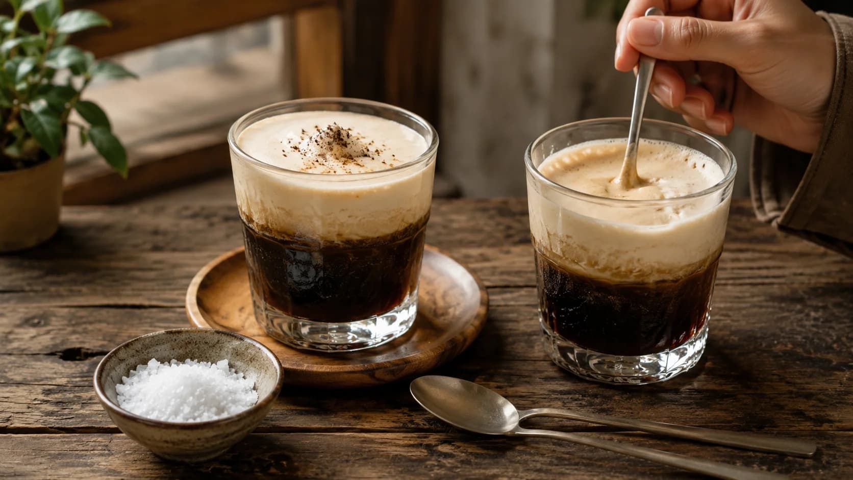 Vietnamese salt coffee served with a creamy salted cap in a glass