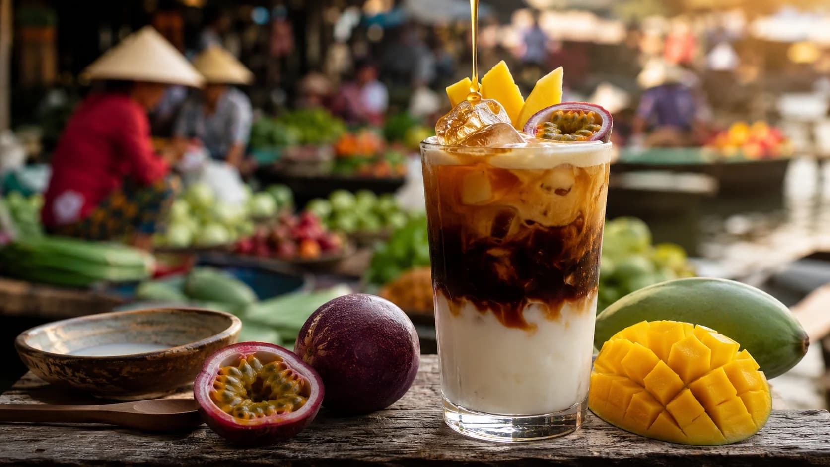 Vietnamese yogurt coffee served with optional jackfruit, mango, passion fruit, and honey