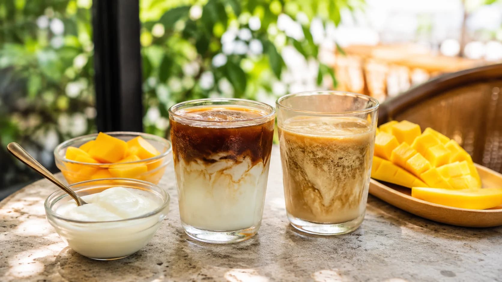 Layered and stirred Vietnamese yogurt coffee with plain yogurt and mango served alongside