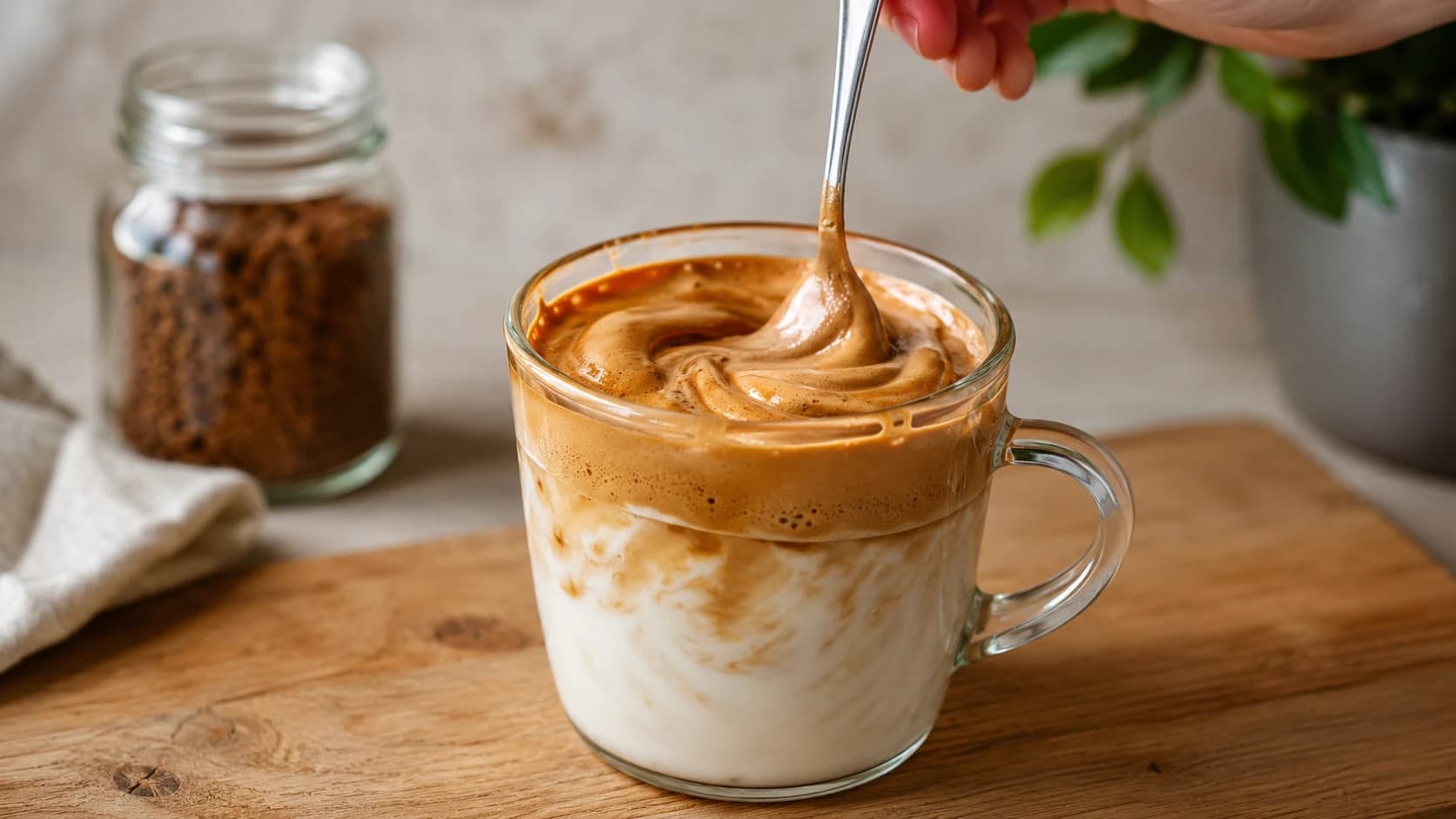 Thick whipped coffee foam being stirred into a glass of cold milk