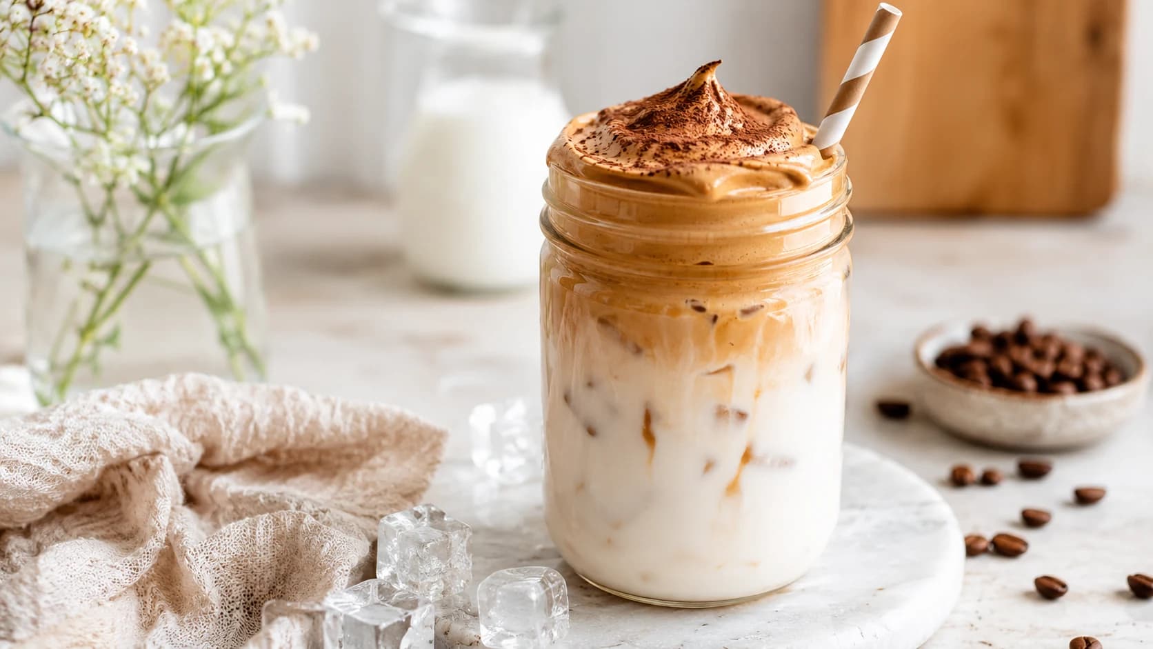 Iced whipped coffee layered over milk in a mason jar