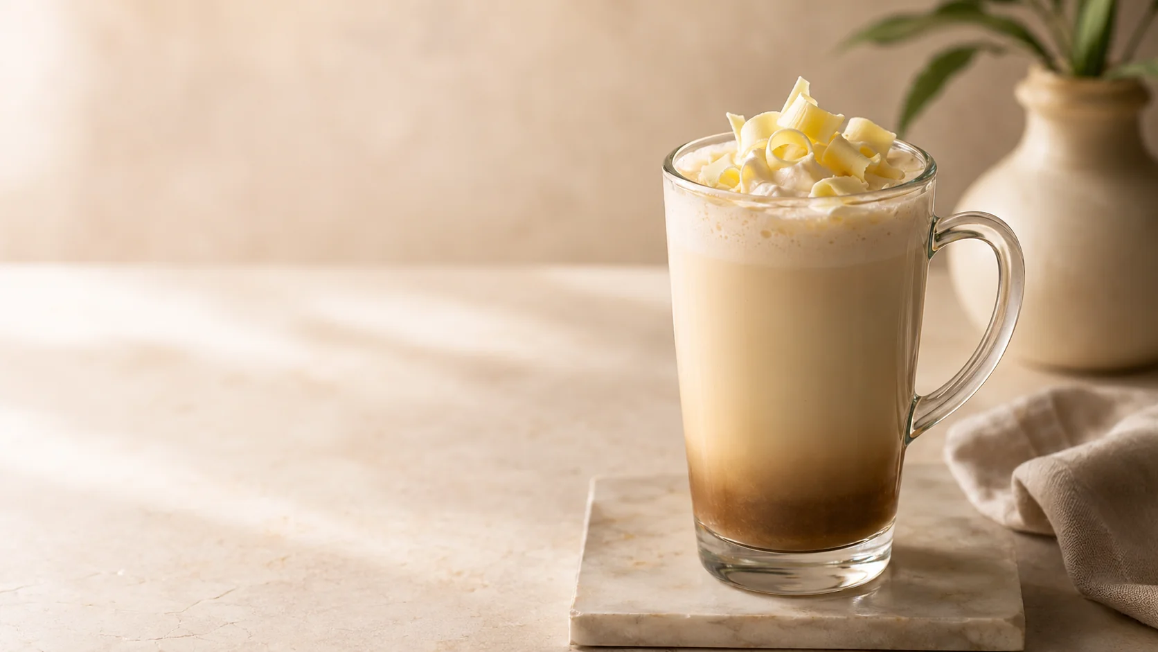 Hot white mocha with espresso, steamed milk, whipped cream, and white chocolate curls
