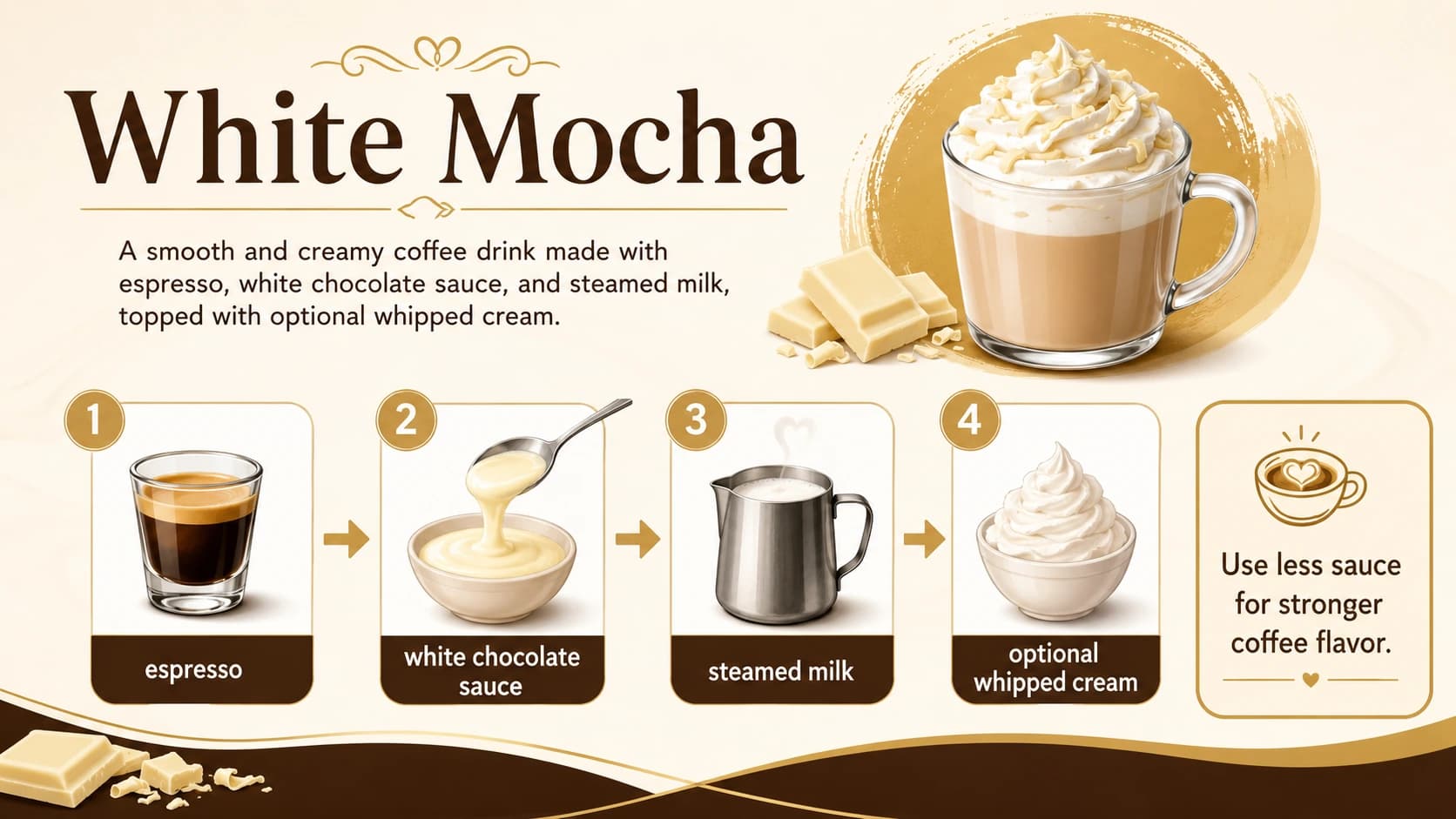 White mocha recipe infographic with espresso, white chocolate sauce, steamed milk, and optional whipped cream