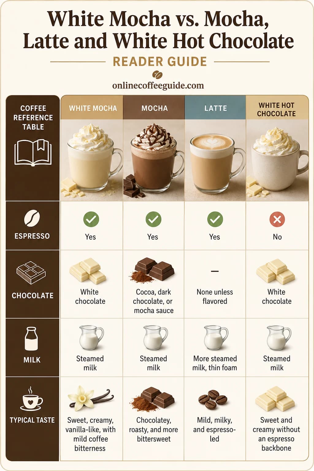 Comparison chart of white mocha, mocha, latte, and white hot chocolate showing their espresso, chocolate, milk, and typical taste differences