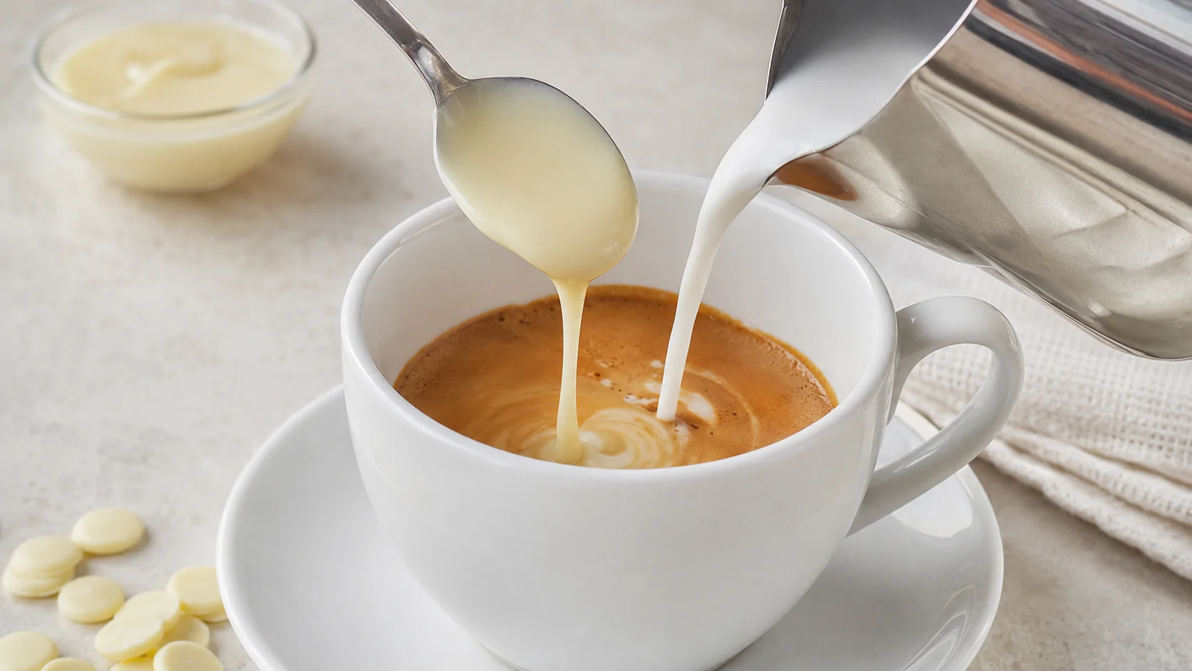 White chocolate sauce and steamed milk being added to espresso for a hot white mocha