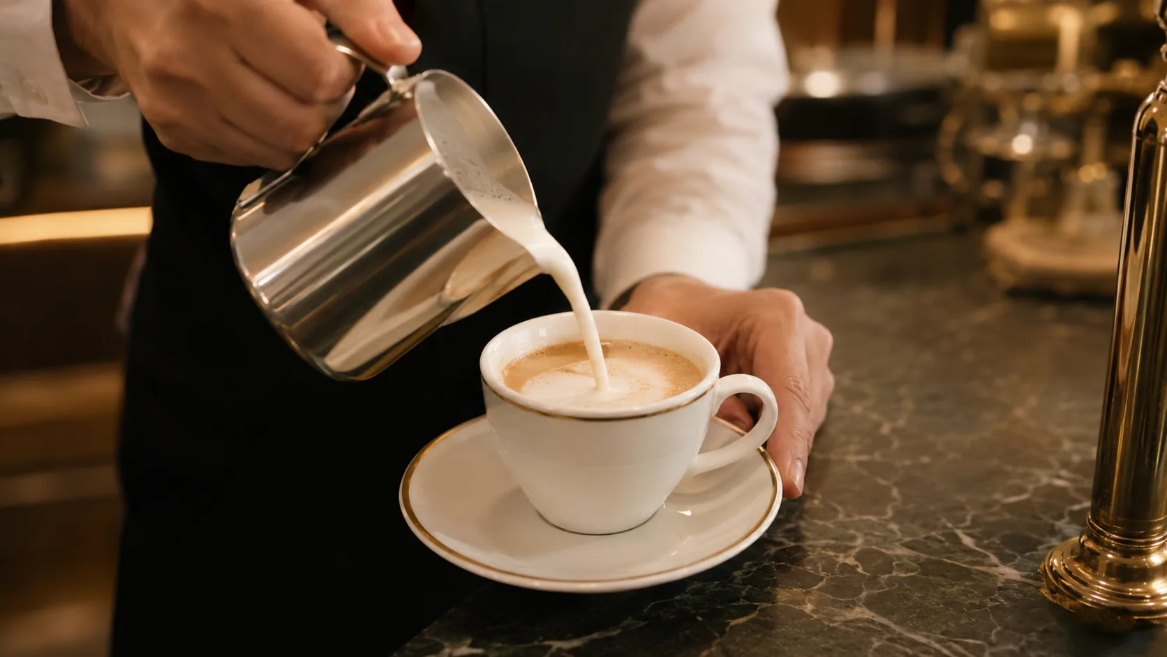 Steamed milk being poured into a Wiener Melange cup at a cafe bar