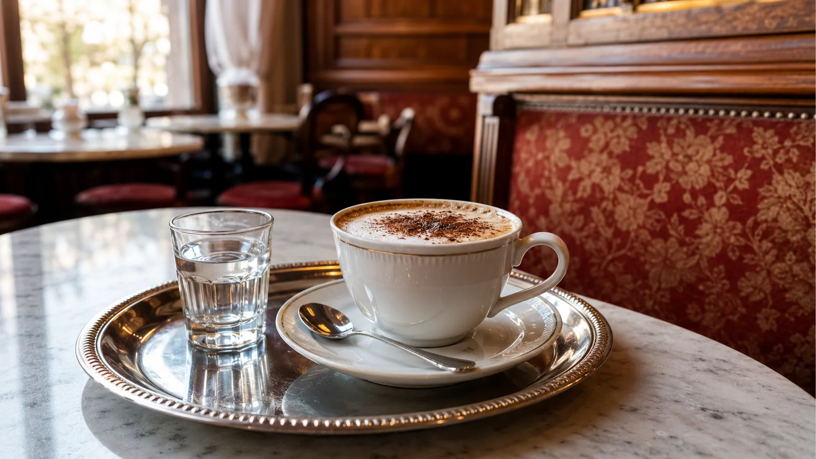 Wiener Melange served on a silver tray with water in a traditional Vienna coffee house