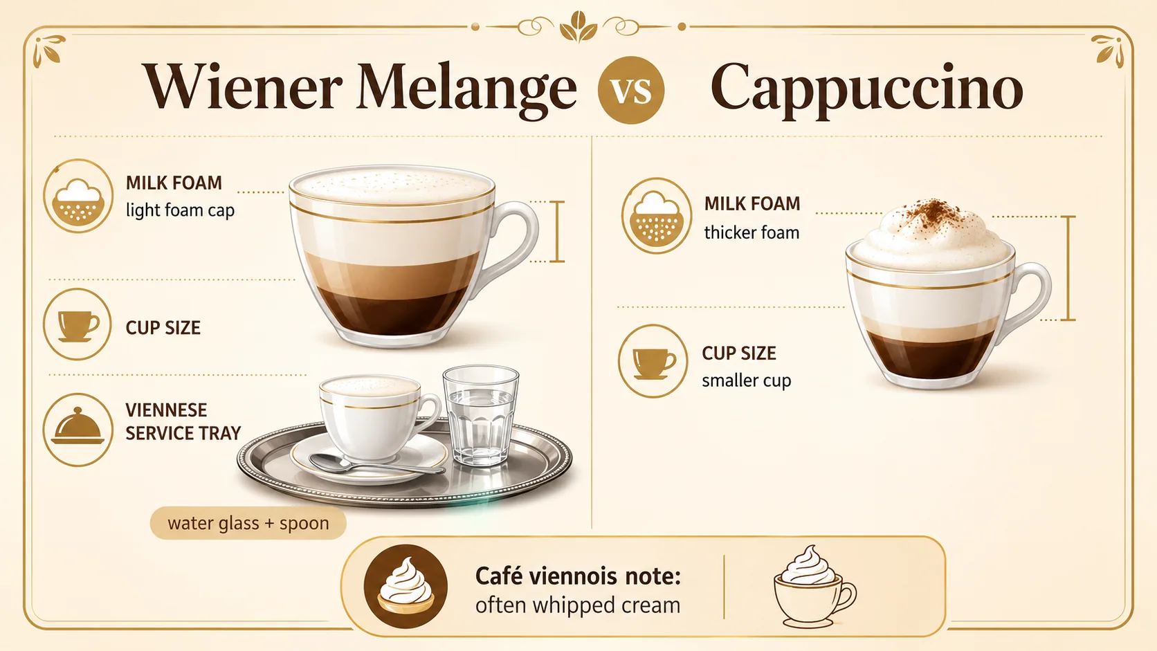 Wiener Melange vs cappuccino infographic comparing foam, cup size, and Viennese service