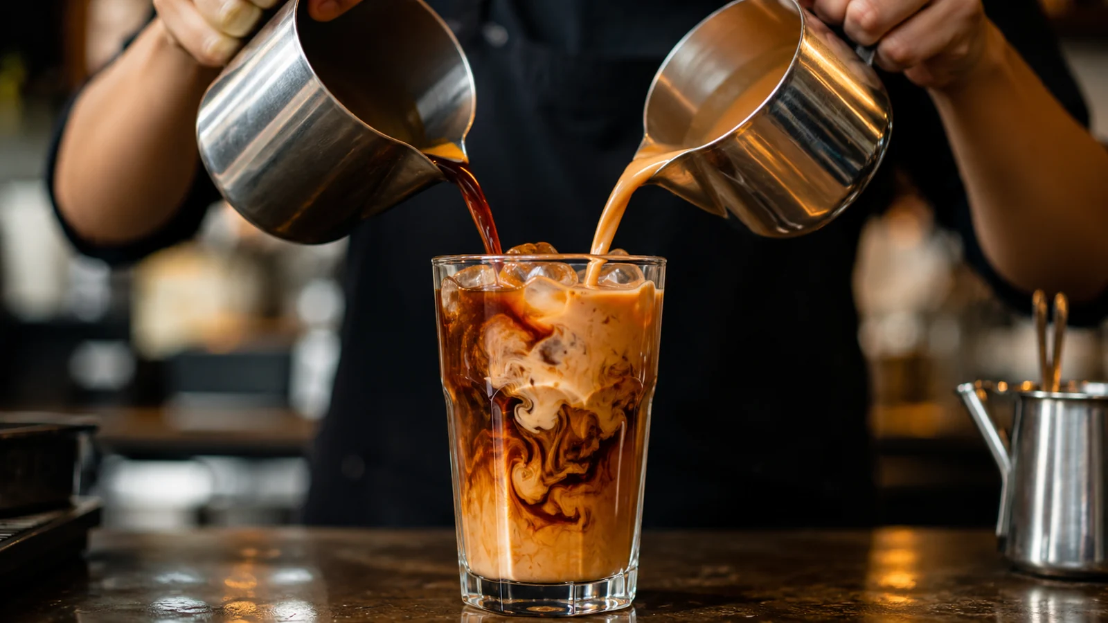 Barista pouring coffee and Hong Kong milk tea together for iced yuanyang