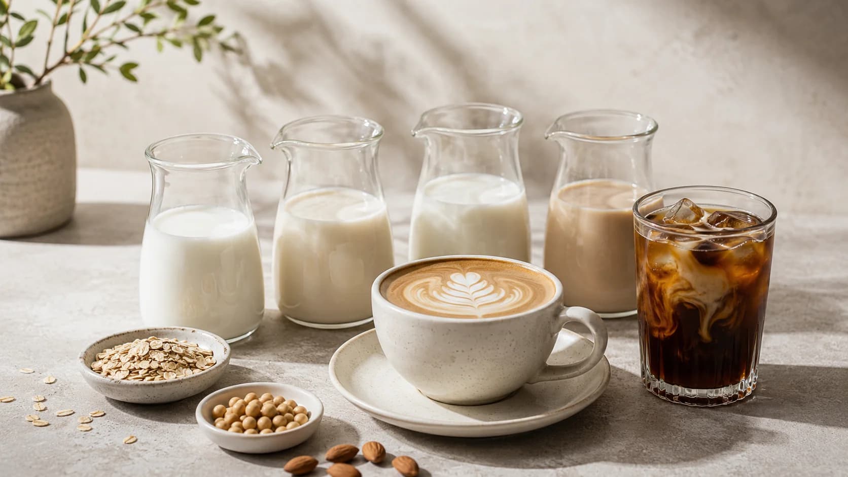 Dairy milk, oat milk, soy milk and almond milk beside latte and iced coffee drinks.