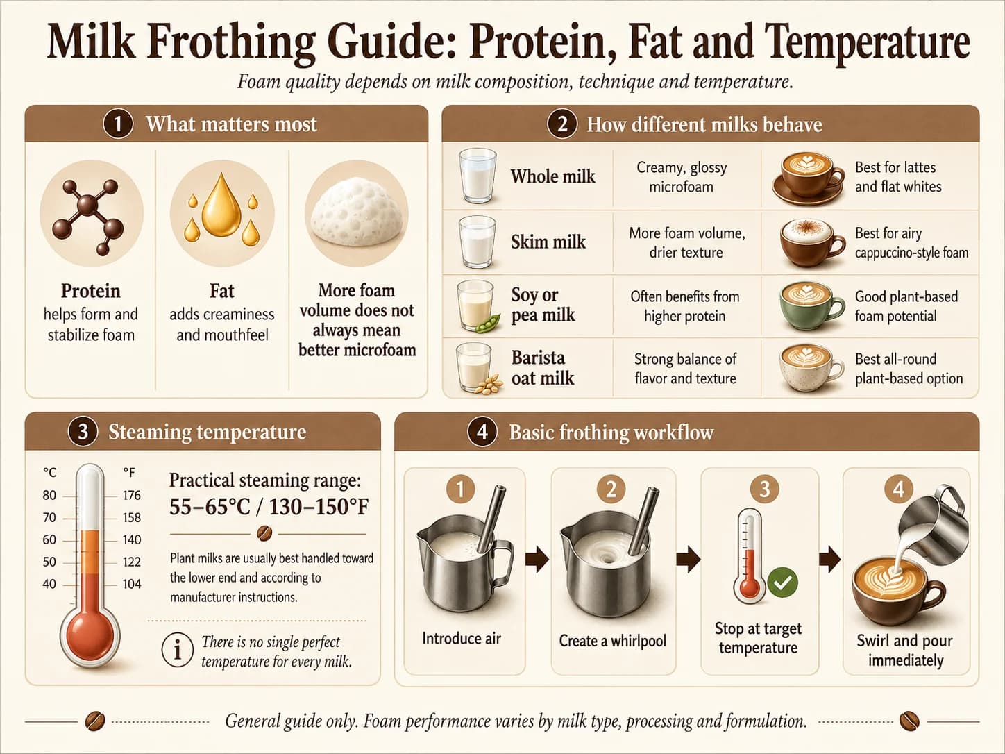 Milk frothing temperature guide showing protein, fat, milk type behavior and a 55 to 65 C steaming range
