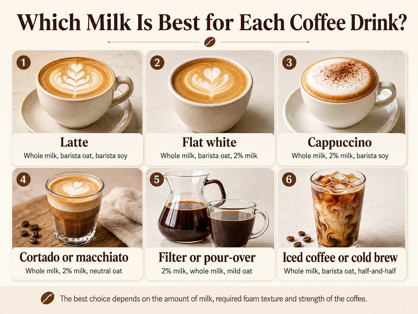 Coffee drink milk pairing guide for latte, flat white, cappuccino, cortado, filter coffee and iced coffee