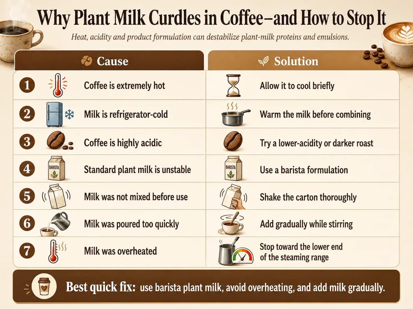 Plant milk curdling guide showing coffee heat, acidity, cold milk and barista milk solutions