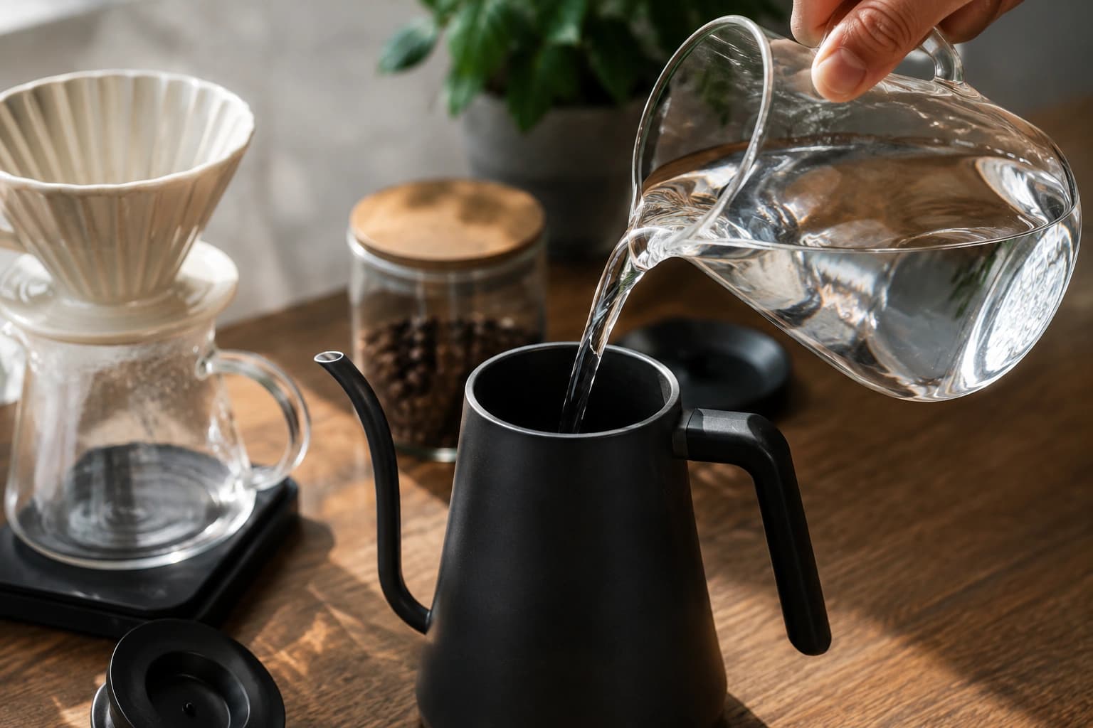 Filtered water, mineral drops, coffee beans, and brewing gear arranged for comparing coffee water quality.