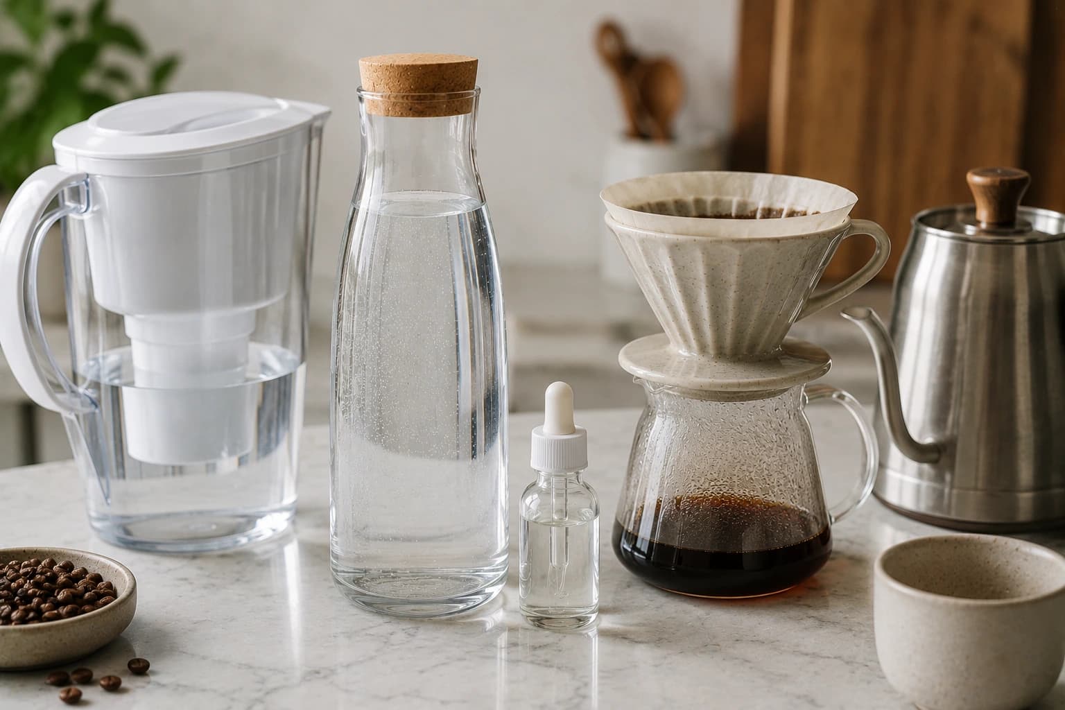 Filtered water, mineral drops and coffee brewing setup showing water quality for better coffee