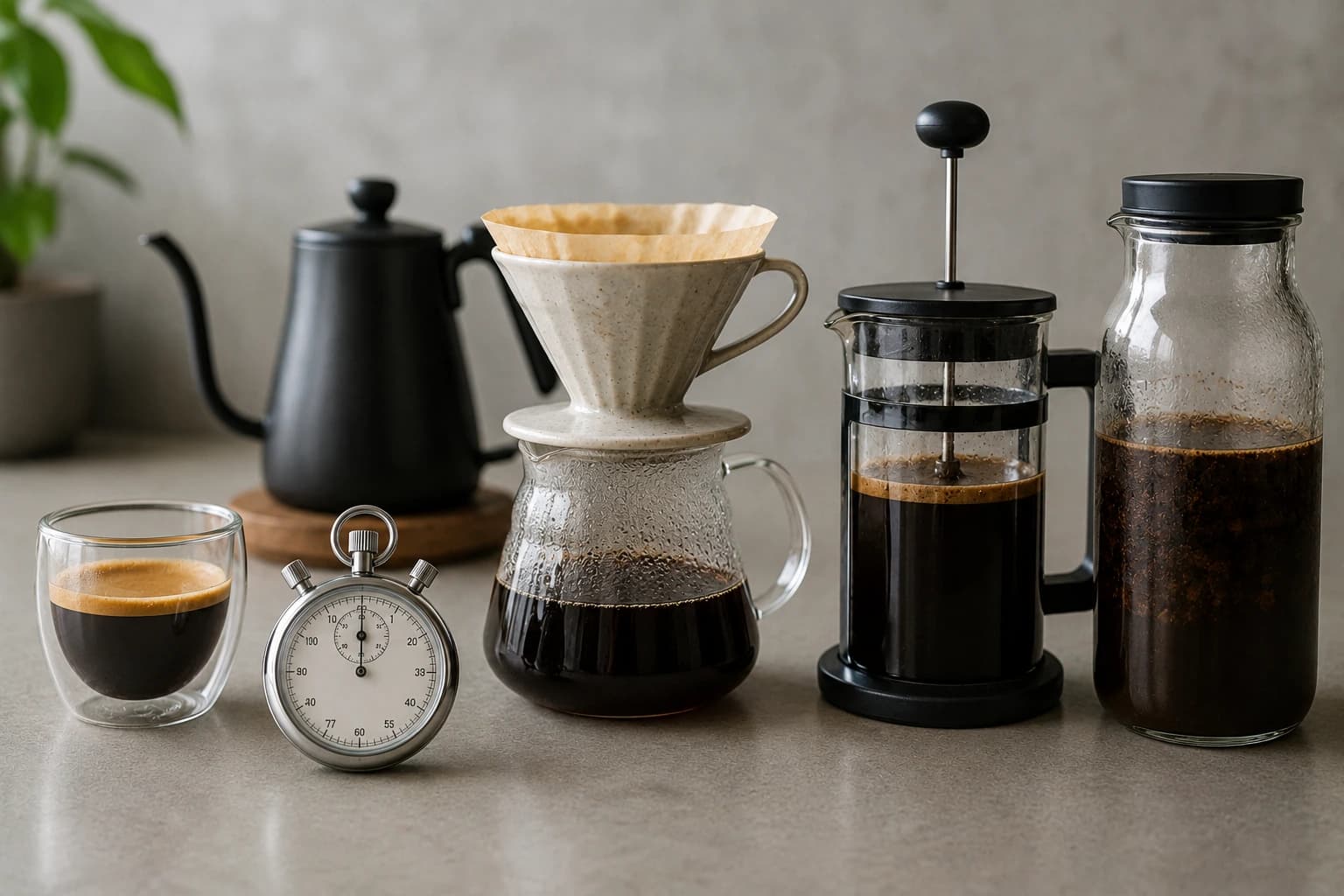 Coffee brew time chart with stopwatch, pour over dripper, espresso shot and French press on a counter