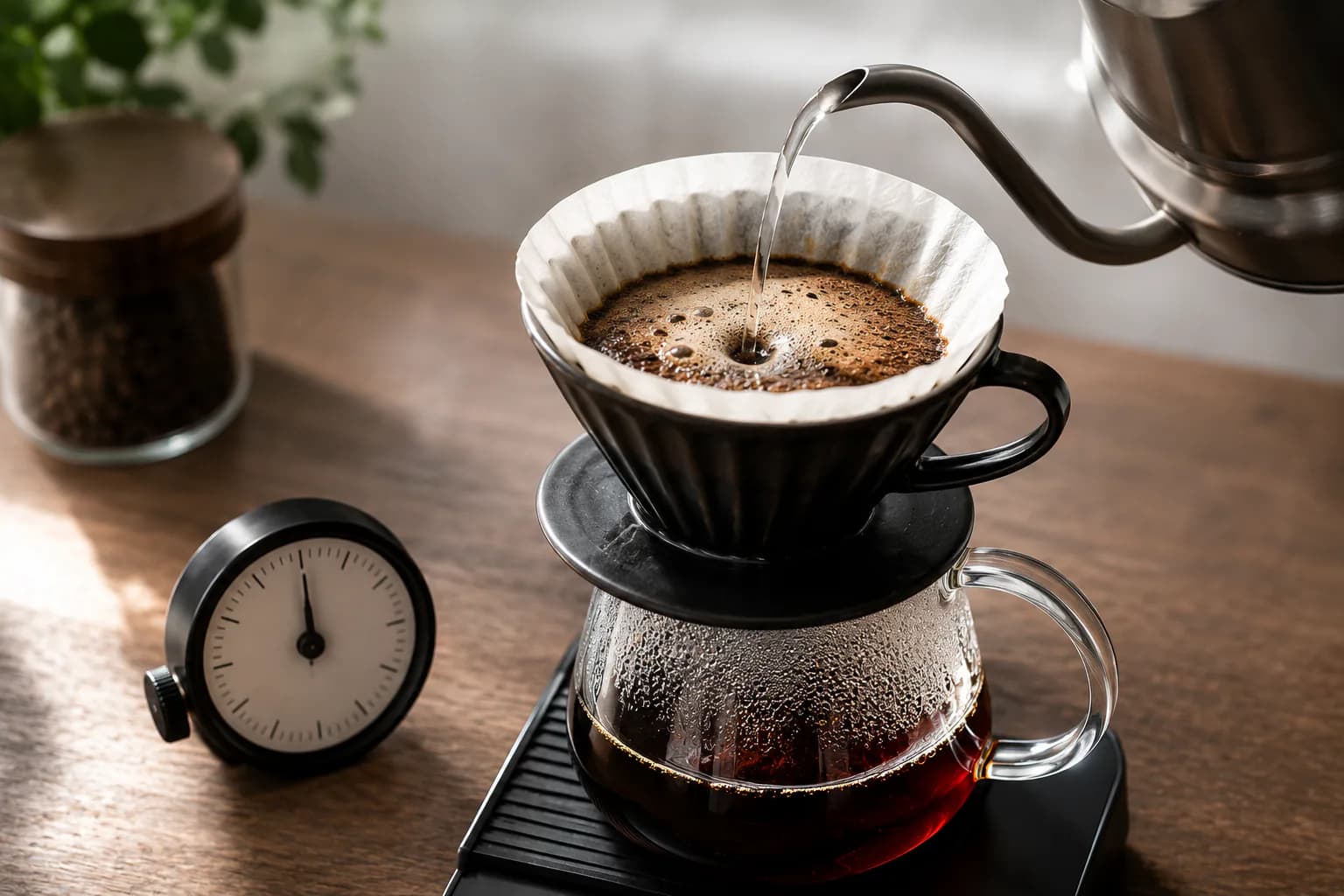 Stopwatch, brew chart, pour over dripper, espresso cup, and French press used to compare coffee brew times.