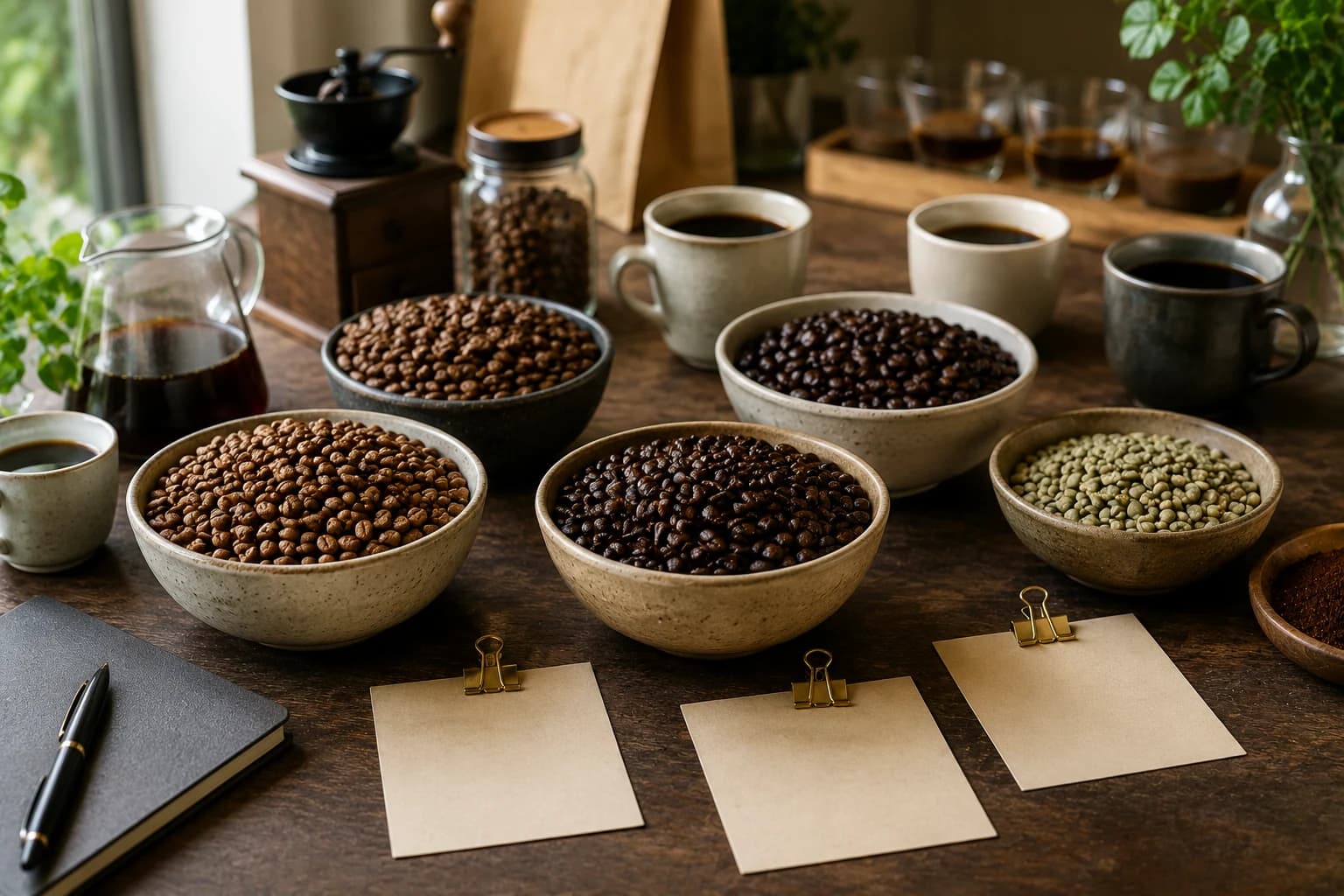 Bowls of coffee beans arranged for comparing origin, roast, process and freshness when buying coffee.