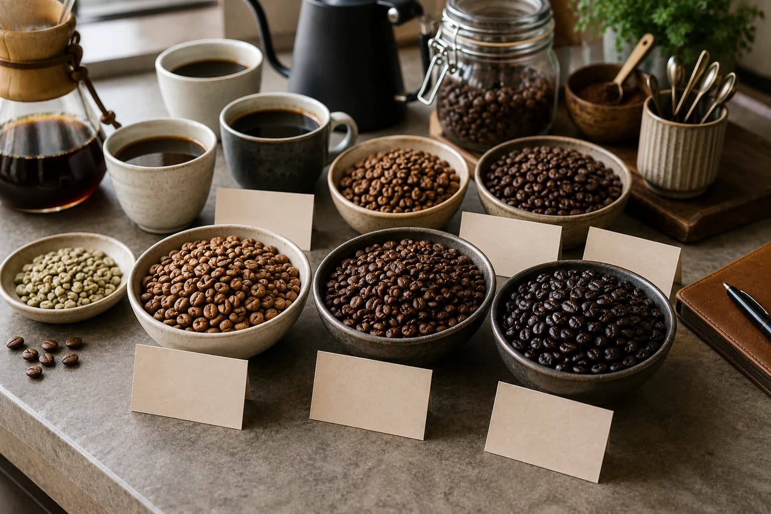 Light, medium, and dark roast coffee beans shown side by side to compare color and surface texture.