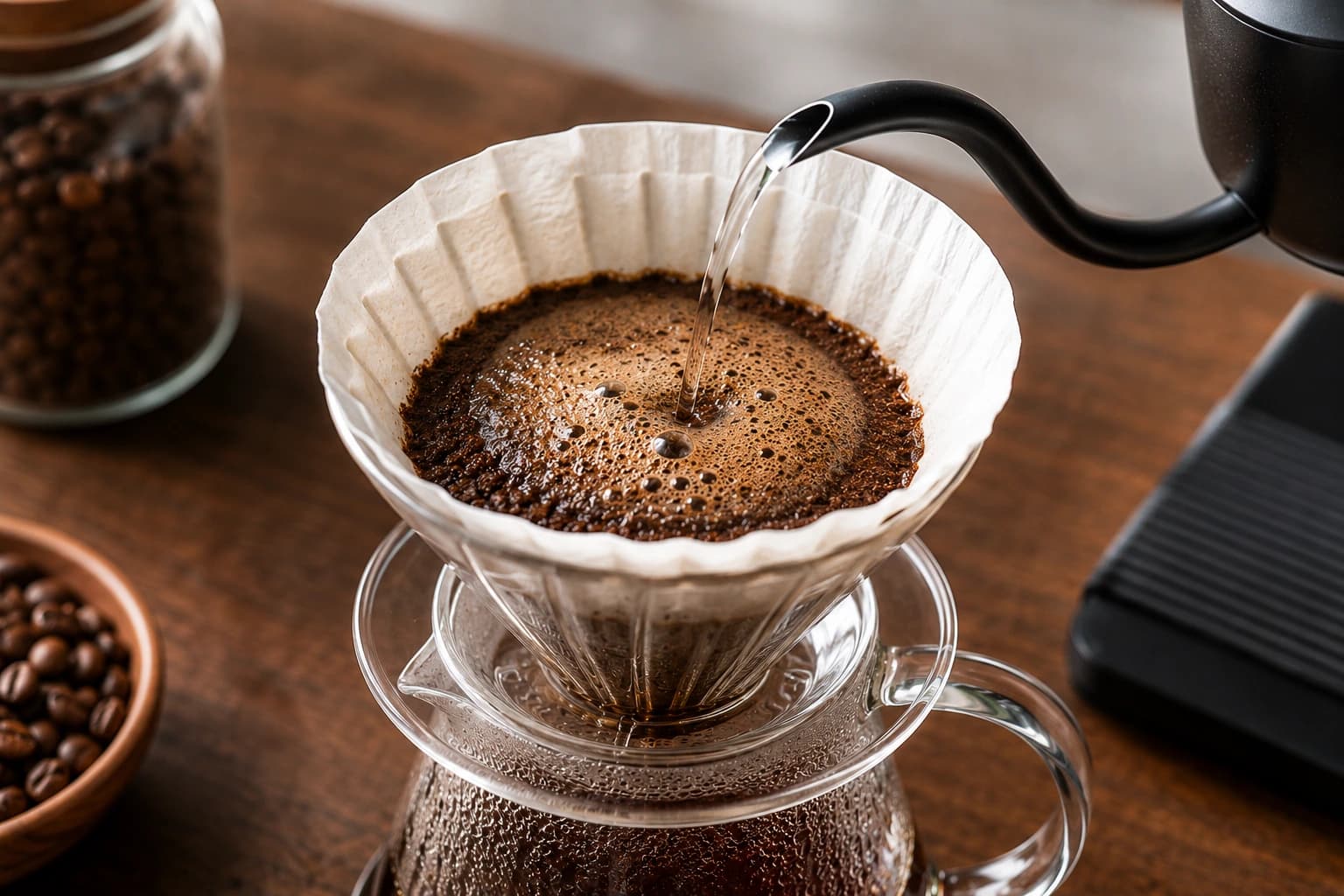 Freshly ground coffee blooming in a pour over dripper as water wets the coffee bed
