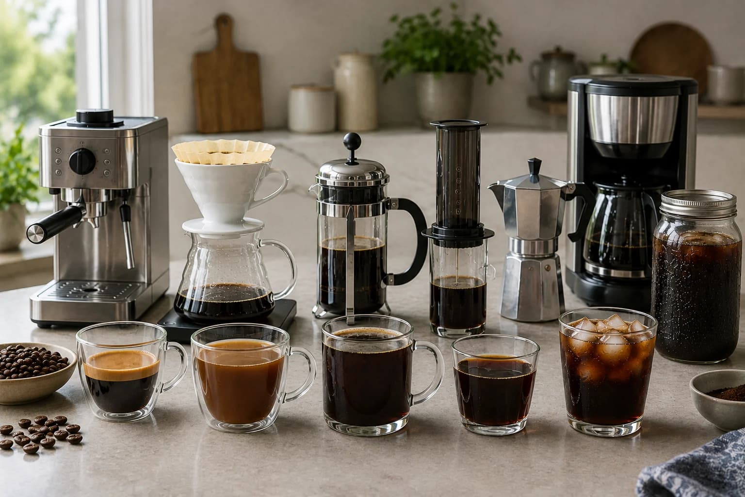 Brewed coffee results compared beside light, medium, and dark roast coffee beans.