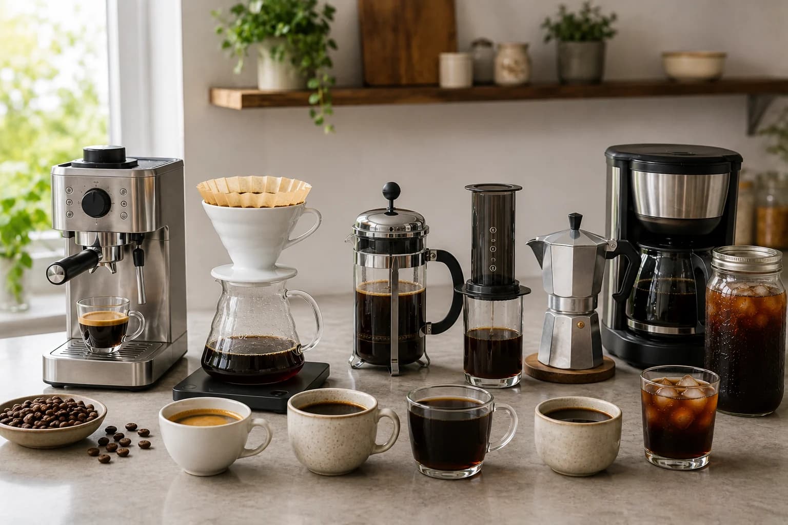Coffee brewing methods comparison with espresso, pour over, French press, AeroPress, moka pot, drip coffee, and cold brew.