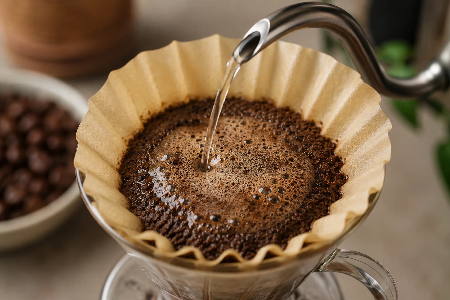 Digital kettle, thermometer, pour over dripper, and coffee grounds for checking brewing temperature.