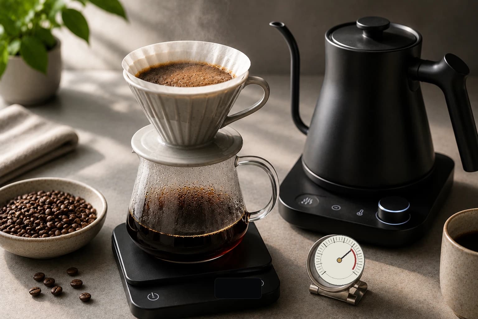Digital kettle and coffee thermometer showing ideal brewing temperature next to a pour over setup