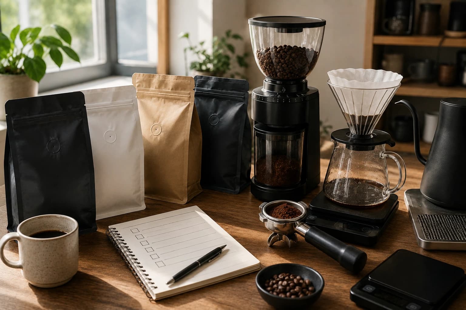Coffee bags, whole beans, a grinder, brewing equipment, and a checklist arranged for comparing a home coffee setup.