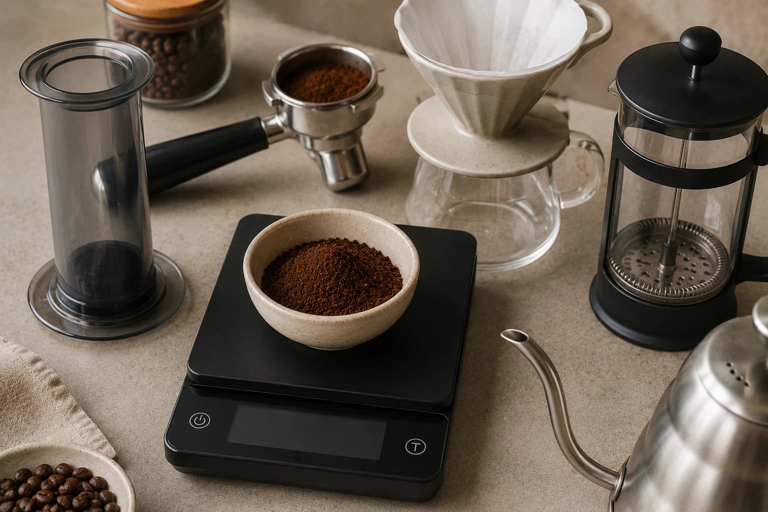 Coffee dose chart with a digital scale weighing ground coffee beside several brew vessels