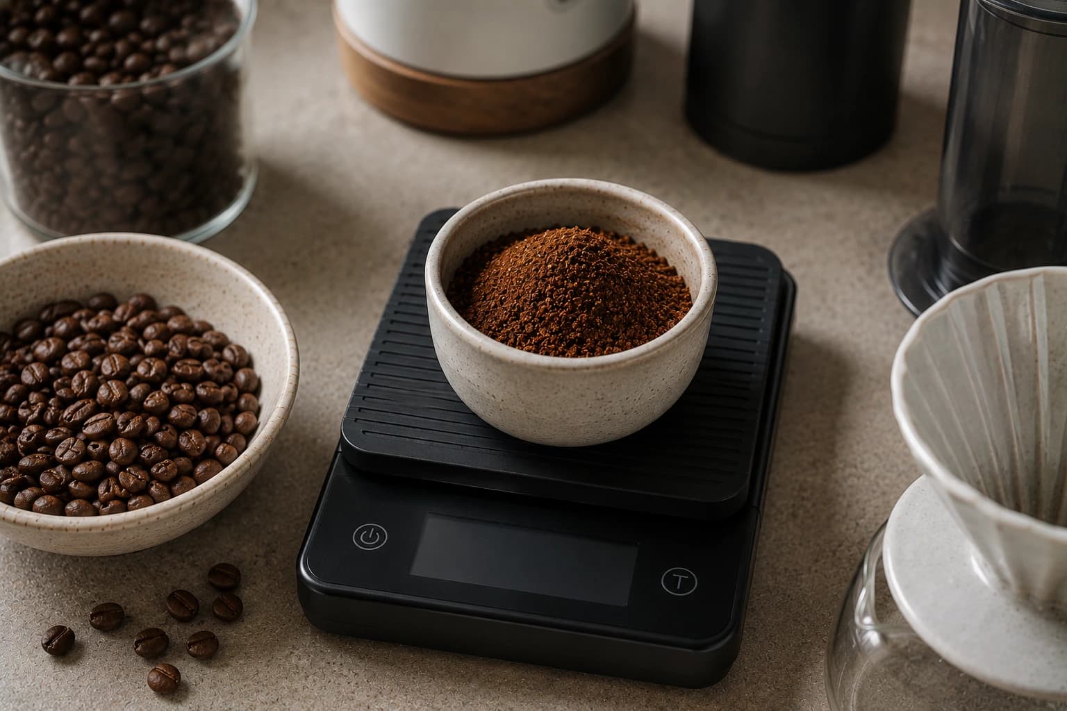 Ground coffee weighed on a digital scale beside multiple brewers for a coffee dose chart.